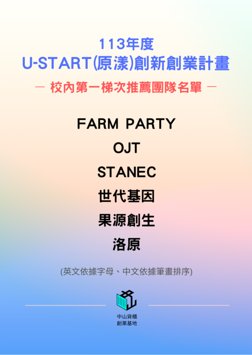 【公告】(113-1-23)113年U-start計畫(原漾計畫) 校內第一梯次推薦團隊名單公告圖片