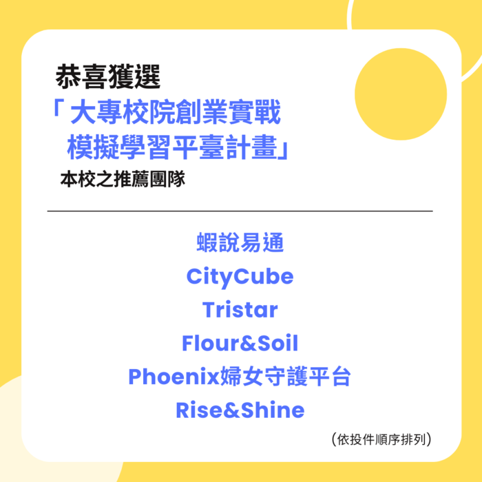  國立中山大學「 大專校院創業實戰模擬學習平臺計畫」之推薦團隊入選名單公告圖片